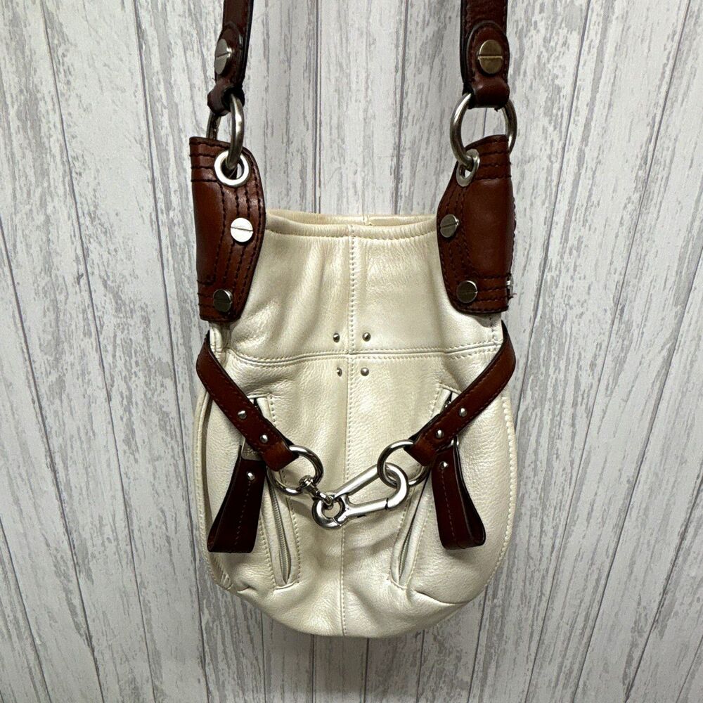 Womens B. Makowsky Ivory Brown Shoulder Bag Zip Adjustable Strap Silver Hardware